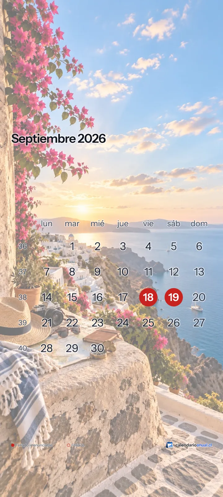 Fondo de pantalla Vacaciones, Escapada, con el calendario de septiembre 2026 de Chile y sus feriados, vertical para celular