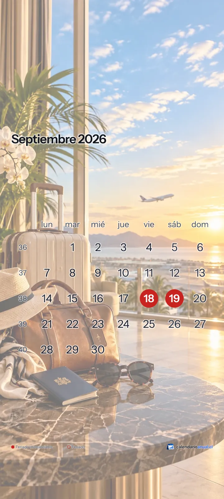 Fondo de pantalla Vacaciones, Viaje, con el calendario de septiembre 2026 de Chile y sus feriados, vertical para celular