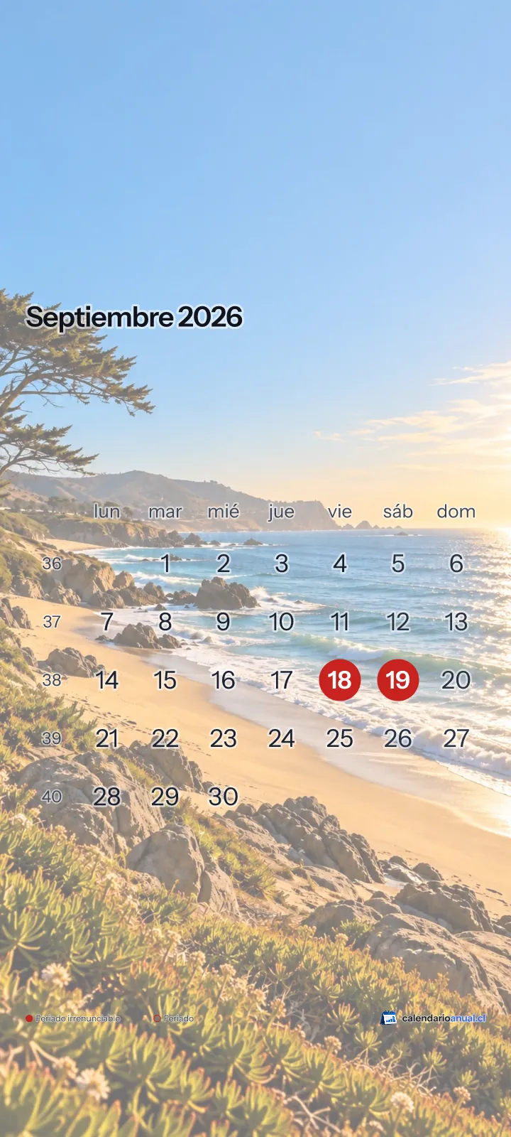 Fondo de pantalla Verano, Costa, con el calendario de septiembre 2026 de Chile y sus feriados, vertical para celular