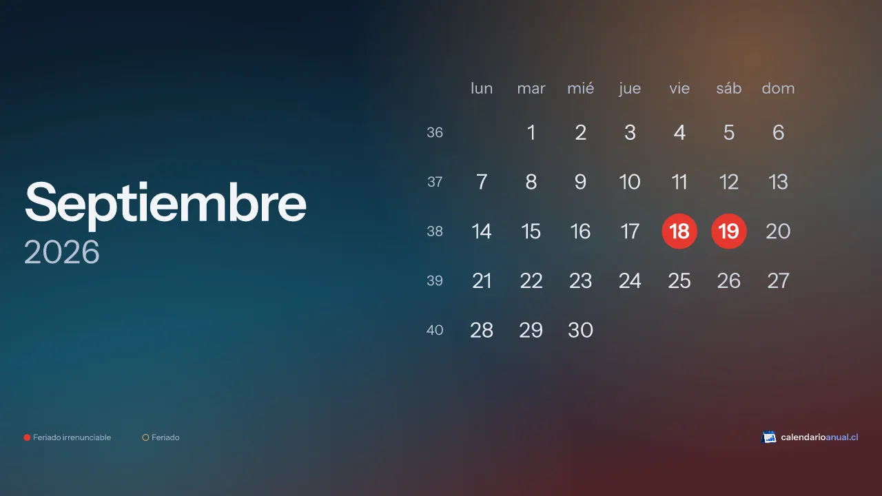 Calendario de septiembre 2026 de Chile con feriados, tema Verano, horizontal para computador