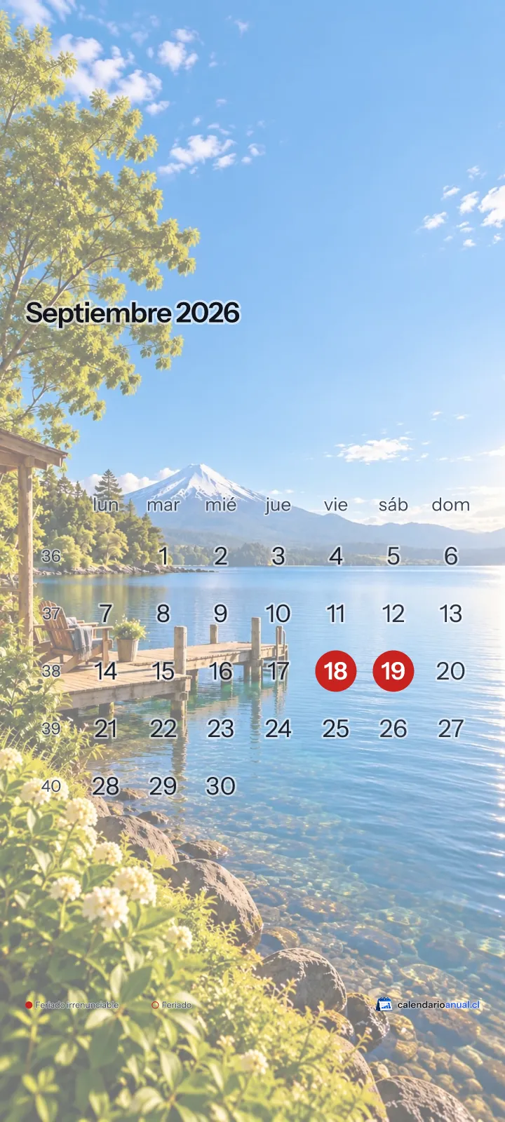 Fondo de pantalla Verano, Lago y volcán, con el calendario de septiembre 2026 de Chile y sus feriados, vertical para celular