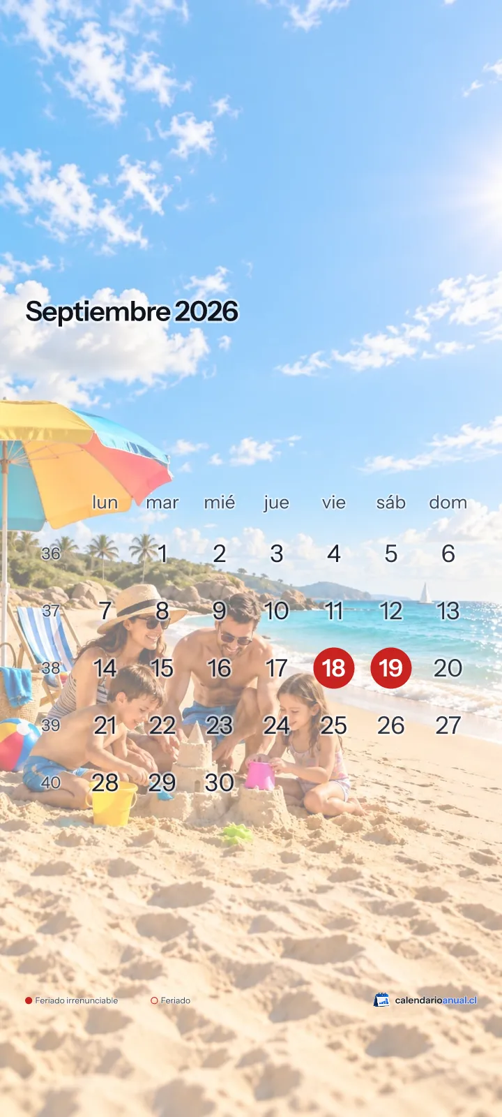 Fondo de pantalla Verano, Playa, con el calendario de septiembre 2026 de Chile y sus feriados, vertical para celular