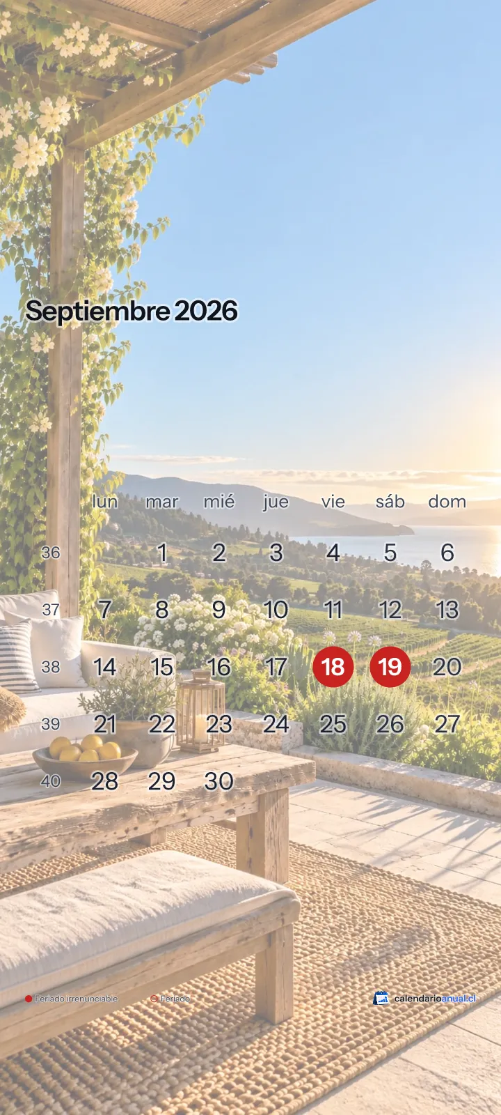Fondo de pantalla Verano, Terraza, con el calendario de septiembre 2026 de Chile y sus feriados, vertical para celular